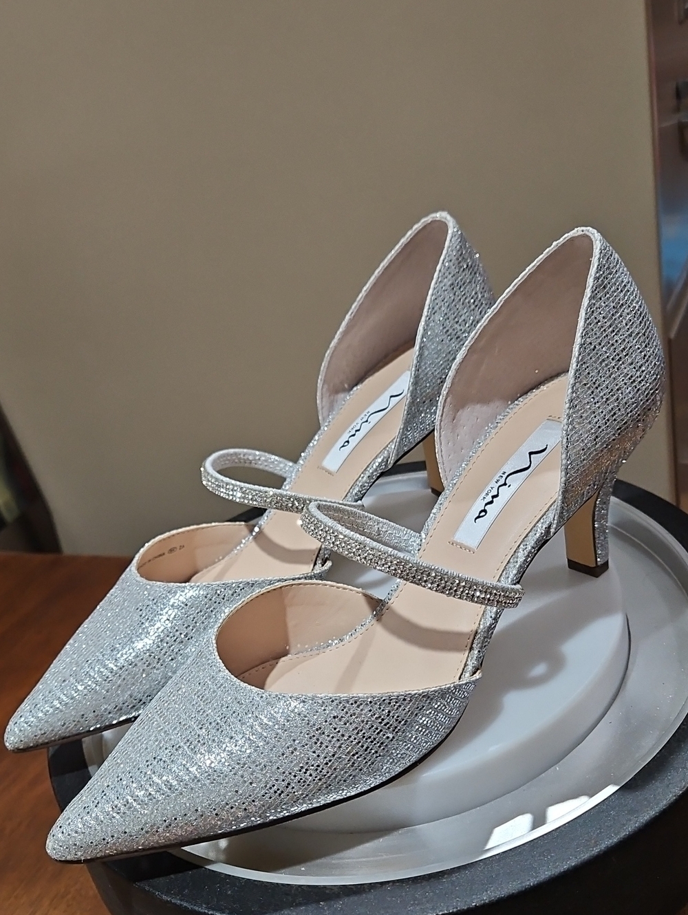 Nina Silver Glitter Pointed Mary Jane Heels